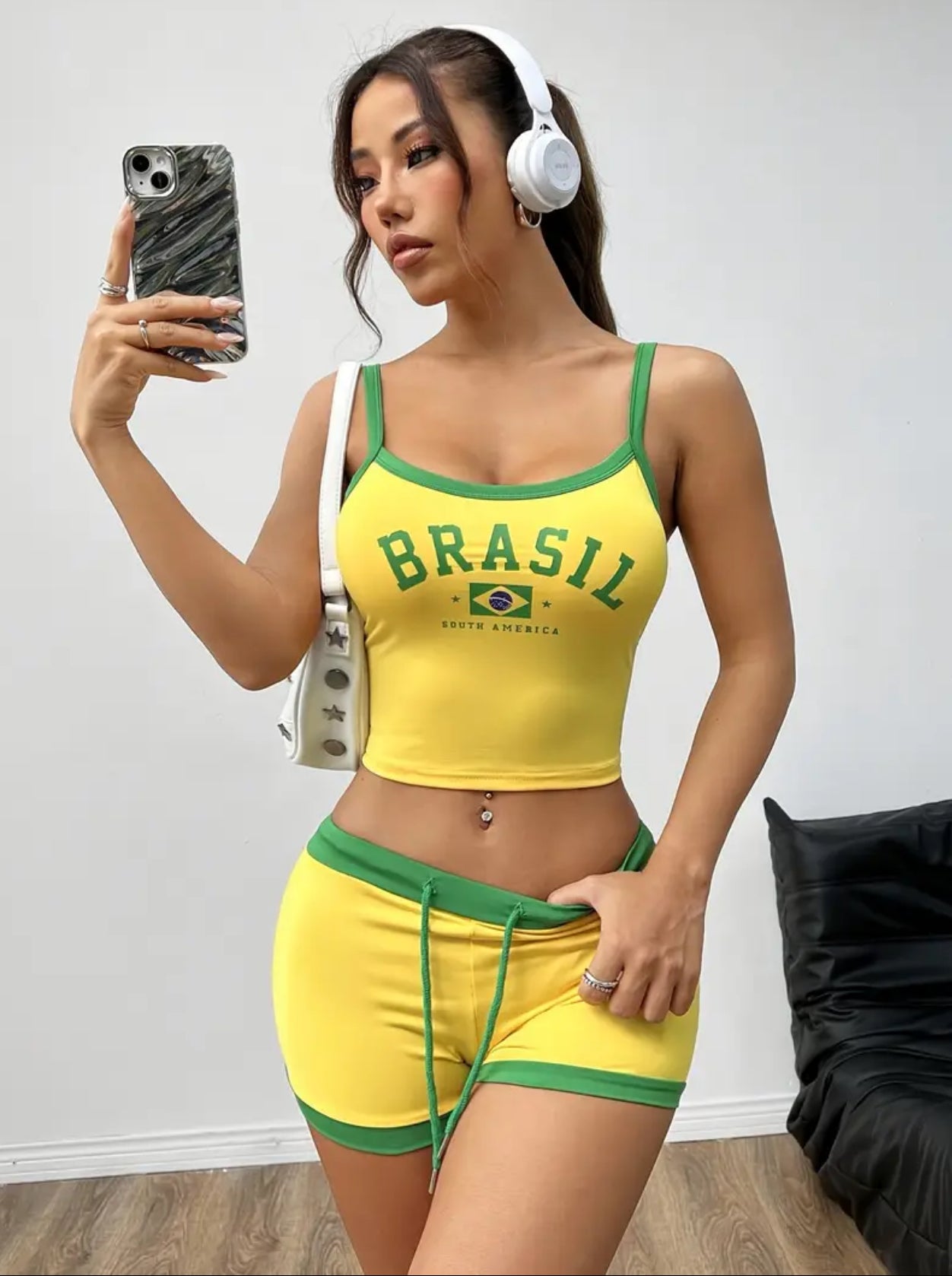 Brazil Flag Crop Top & Shorts Set Outfit